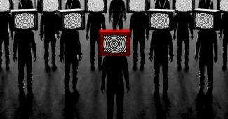 Digital art image of a group of shadowy figures with TVs for heads displaying a hypnotic pattern.