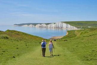 Couple walking in a field with the ocean in the background